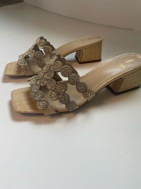 Sam Edelman Gold Beaded Low Block Heel Mules